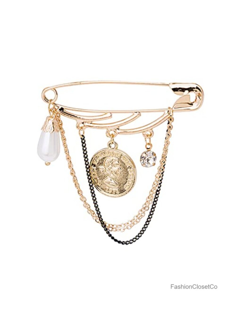 Paper Clip Long Chain Tassel Brooch Pin Waterdrop Pearl Crystal Dangle Lapel